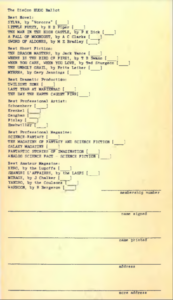 Scan of the final ballot of the 1963 Hugo Awards, listing all of the finalists.